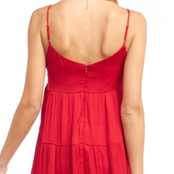 RED CRIMSON STRAPPY MIDI FLARE TIERED DRESS - Picture 3 of 4